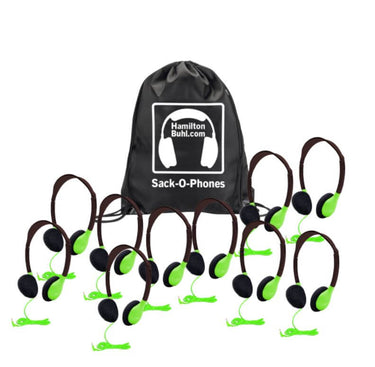 HamiltonBuhl Sack-O-Phones pack with 10 green headphones and storage bag, ideal bulk school headphones for education.